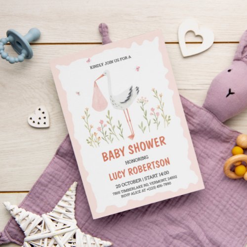 Baby Girl Pink Stork Flowers Baby Shower Invitation