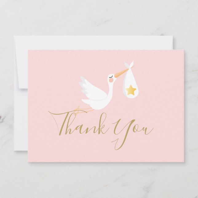 Baby Girl Pink Stork Gold Star Script Thank You (Front)
