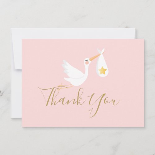Baby Girl Pink Stork Gold Star Script Thank You