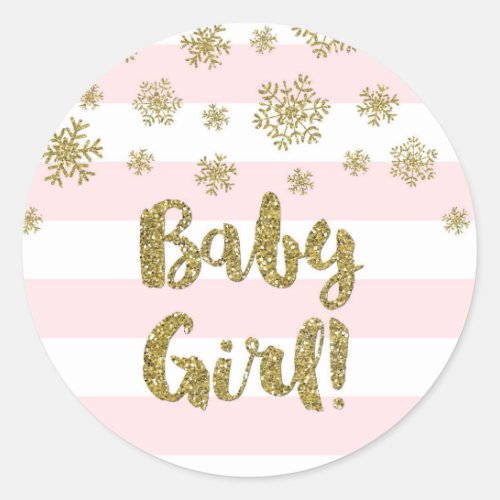 Baby Girl Pink Stripe Gold Snow Winter Baby Shower Classic Round Sticker