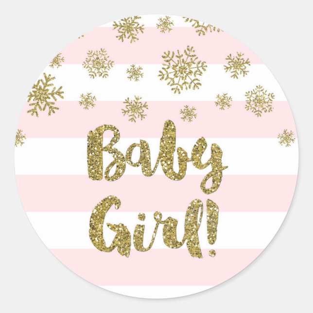 Baby Girl Pink Stripe Gold Snow Winter Baby Shower Classic Round Sticker (Front)