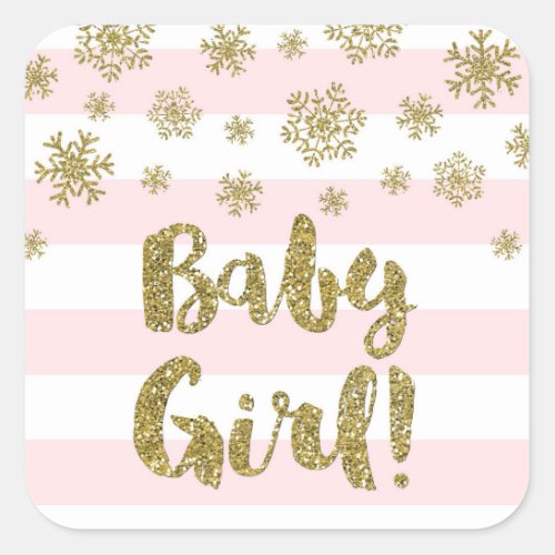 Baby Girl Pink Stripe Gold Snow Winter Baby Shower Square Sticker