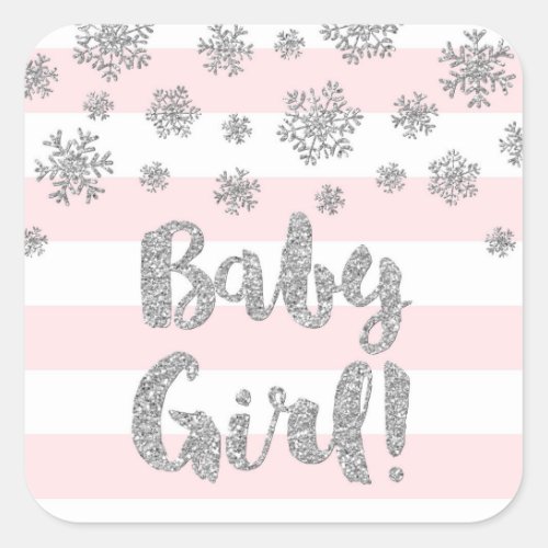 Baby Girl Pink Stripe Silver Winter Baby Shower Square Sticker