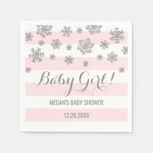 Baby Girl Pink Stripes Silver Snow Baby Shower Paper Napkins