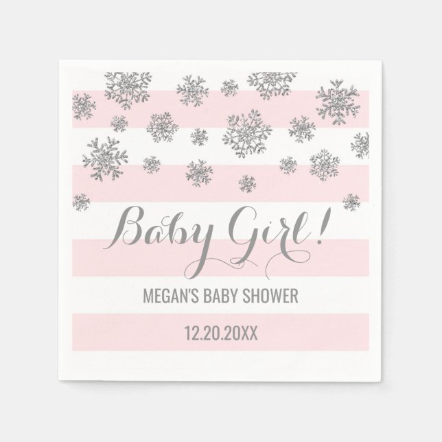 Baby Girl! Pink Stripes Silver Snow Baby Shower Paper Napkins (Front)