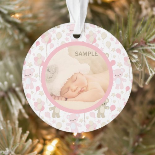 Baby Girl Pink Teddy Bear and Balloons Ornament