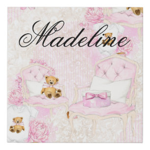 BABY GIRL PINK TEDDY BEAR CHAIR & BLOCKS FAUX CANVAS PRINT