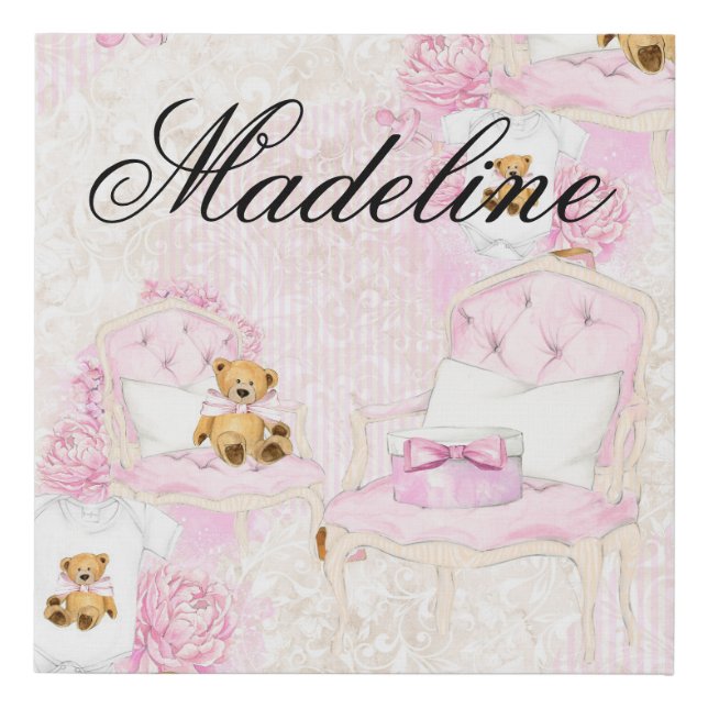 BABY GIRL PINK TEDDY BEAR CHAIR & BLOCKS FAUX CANVAS PRINT (Front)