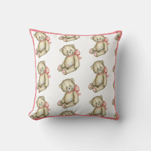 Baby Girl Pink Teddy Bear Watercolor Throw Pillow
