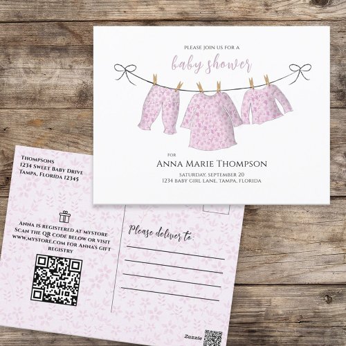 Baby Girl Pink Watercolor Cute Floral Clothesline Postcard