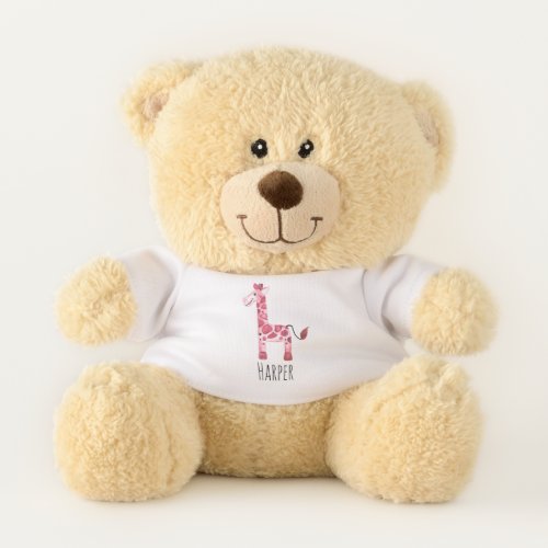 Baby Girl Pink Watercolor Giraffe Safari with Name Teddy Bear