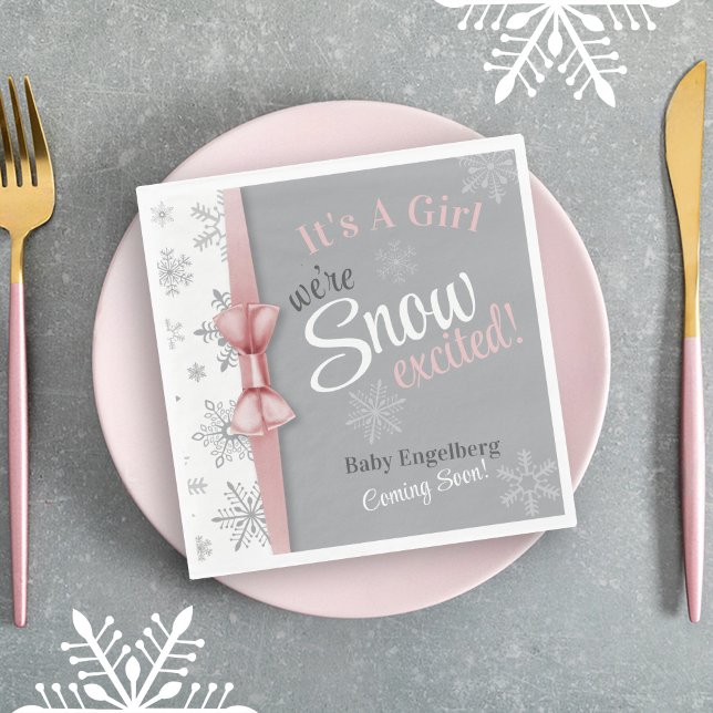 Baby Girl Pink We're Snow Excited Snowflake Shower Napkins (It's A Girl, We're SNOW excited, Baby Name coming soon winter wonderland baby shower luncheon napkin)