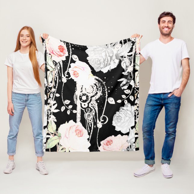 Baby Girl Pink White Black Victorian Rose Pattern Fleece Blanket (In Situ)