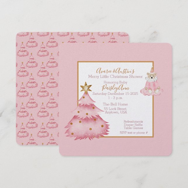 Baby Girl Pink White Christmas Tree Shower Invitation (Front/Back)