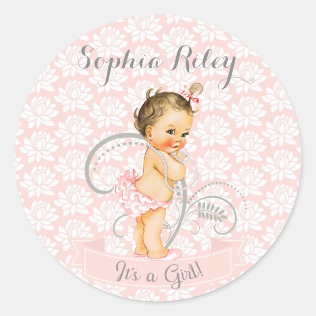 Baby Girl Pink White & Gray Classic Round Sticker (Front)
