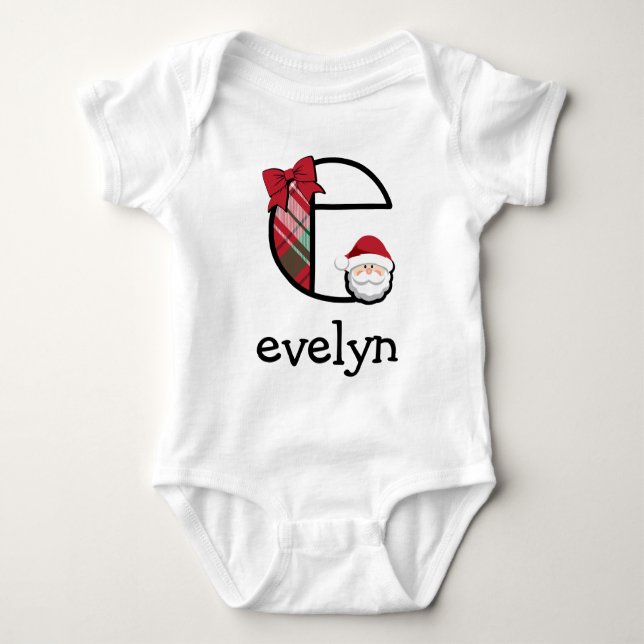 Baby Girl Plaid Santa Christmas Bodysuit initial e (Front)