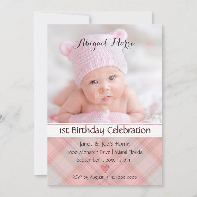 Baby Girl Pretty in Pink Plaid Birthday Invitation (Front)