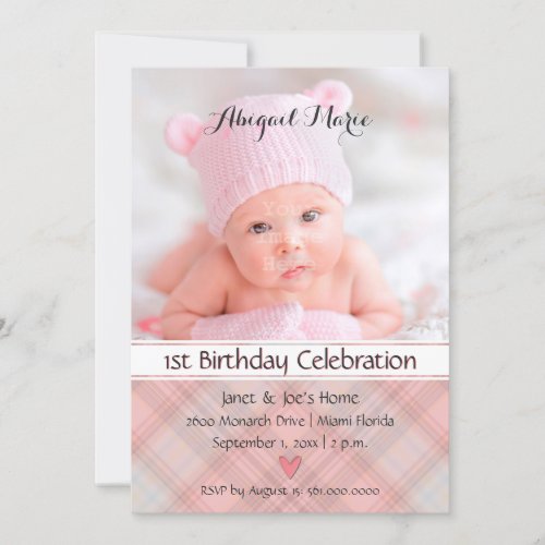 Baby Girl Pretty in Pink Plaid Birthday Invitation