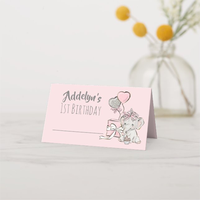 Baby Girl Princess Elephant Pink Gray 1st Birthday Place Card (Front)