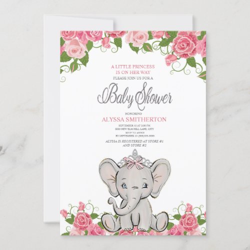 Baby Girl Princess Tiara Elephant Pink Floral Invitation