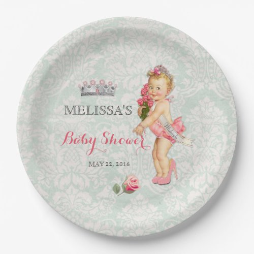 Baby Girl Princess Tiara Roses Damask Paper Plates