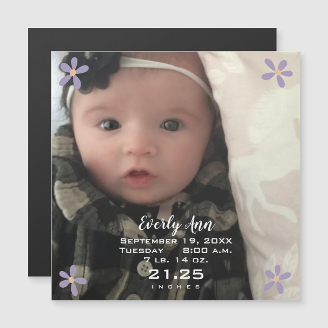 Baby Girl Purple Daisy Magnetic Birth Announcement (Front/Back)