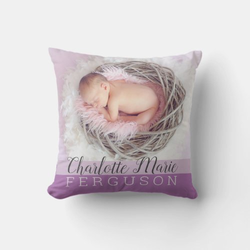 Baby Girl Purple Keepsake Photo Birth Stats Throw Pillow
