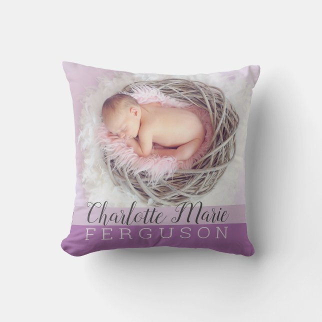 Baby Girl Purple Keepsake Photo Birth Stats Throw Pillow (Front)