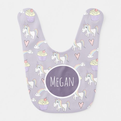 Baby Girl Purple Magical Unicorn Pattern with Name Baby Bib