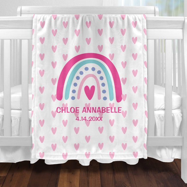 Baby Girl Rainbow and Hearts Personalized Fleece Blanket (Creator Uploaded)