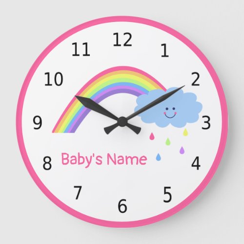 Baby girl rainbow cloud raindrops personalized large clock