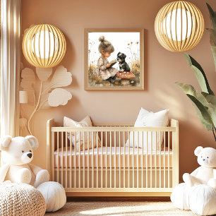 Baby Girl Reading black White Puppy Red Mushroom  Poster