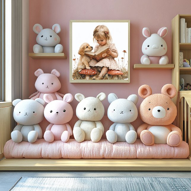 Baby Girl Reading Tan Puppy Red Mushroom  Poster (Creator Uploaded)