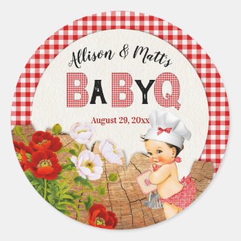 Baby Girl Red Gingham Wood Floral Baby Q Bbq Classic Round Sticker by nawnibelles at Zazzle