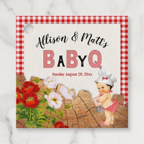 Baby Girl Red Gingham Wood Floral Baby Q BBQ Favor Tags