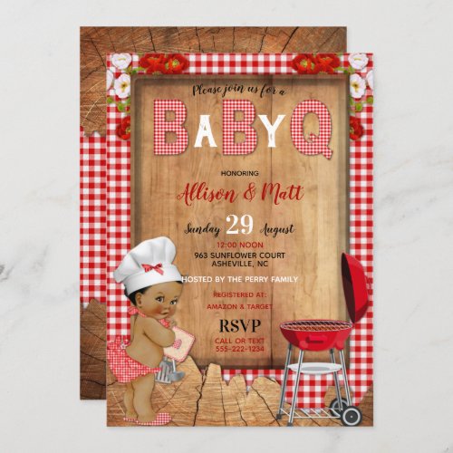 Baby Girl Red Gingham Wood Flowers Baby Q Barbecue Invitation
