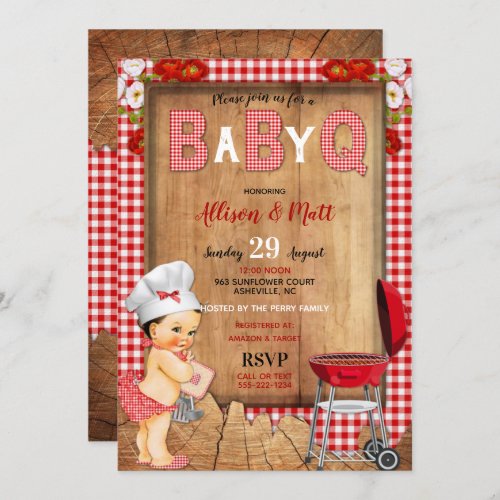 Baby Girl Red Gingham Wood Flowers Baby Q Barbecue Invitation