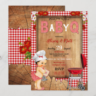 Baby Girl Red Gingham Wood Flowers Baby Q Barbecue Invitation