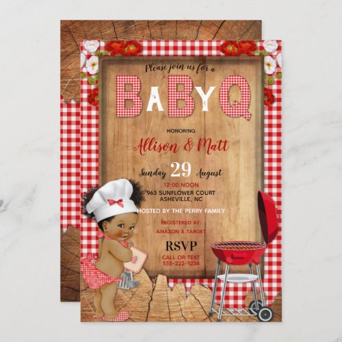 Baby Girl Red Gingham Wood Flowers Baby Q Barbecue Invitation