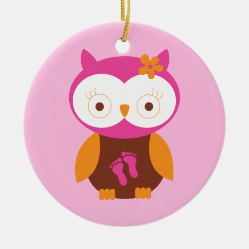 Baby Girl Retro Owl Pink Footprints Mom To Be Gift Ceramic Ornament