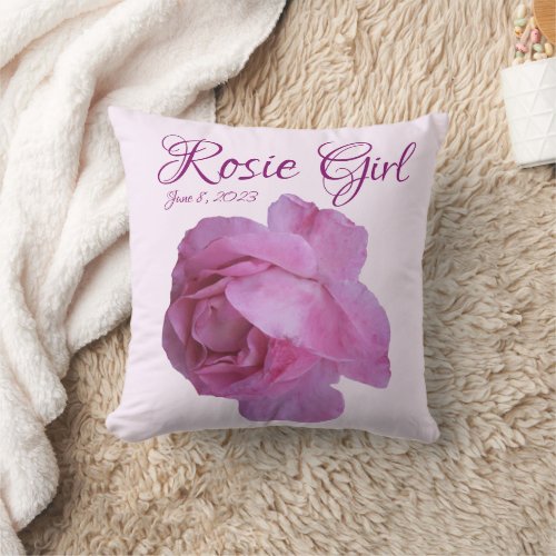 Baby girl Rosie name cute customizable pink rose Throw Pillow