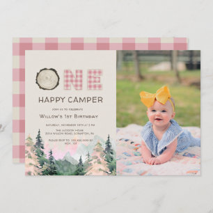 Baby Girl Rustic One Happy Camper Birthday Invitation