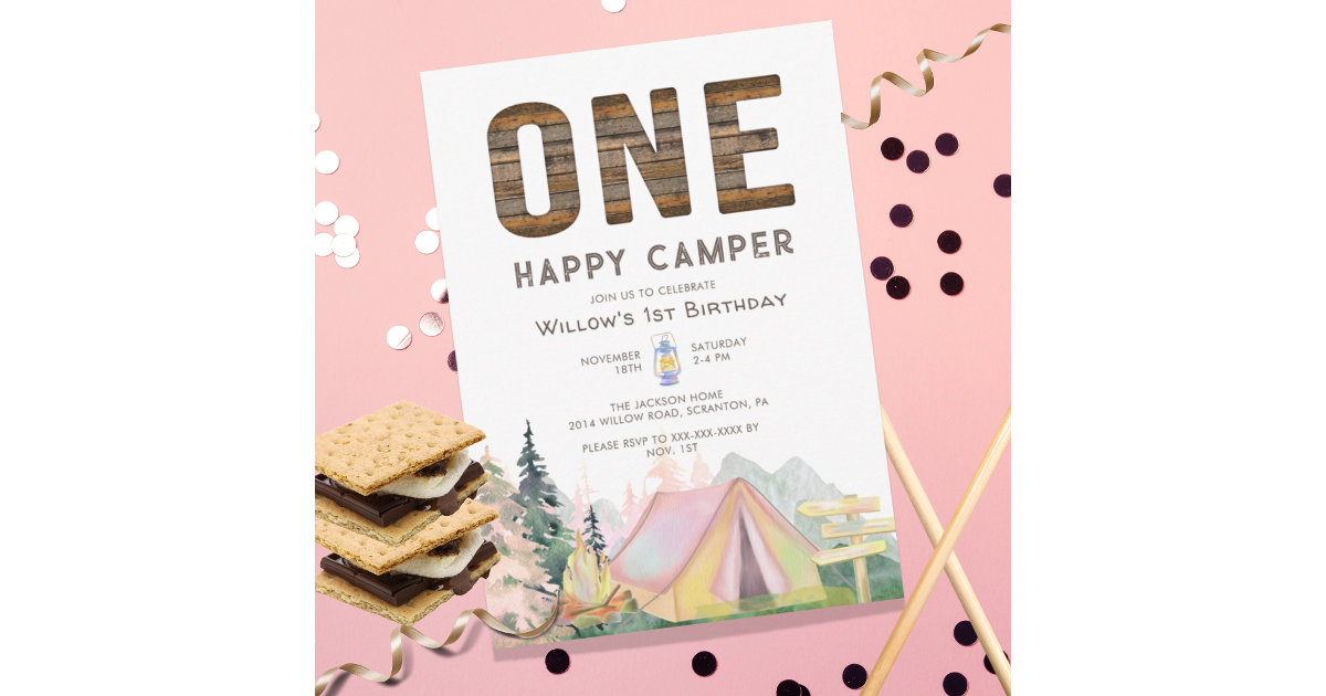 Baby Girl Rustic One Happy Camper Birthday Invitation | Zazzle