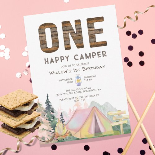 Baby Girl Rustic One Happy Camper Birthday Invitation