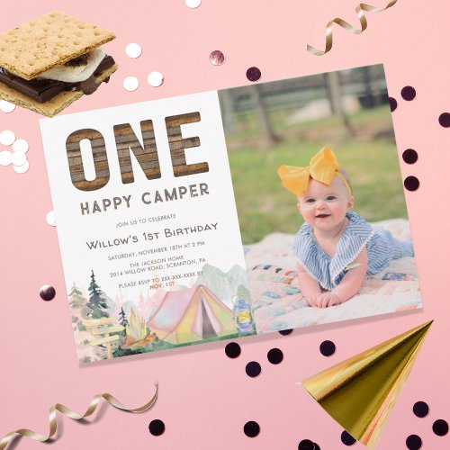 Baby Girl Rustic One Happy Camper Birthday  Invitation