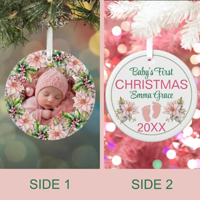 Baby Girl’s First Christmas Photo Pink Poinsettias Ceramic Ornament (Creator Uploaded)