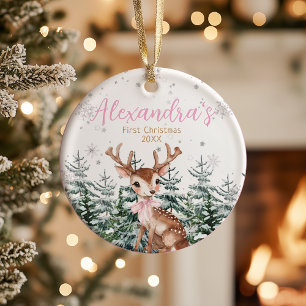 Baby Girl’s First Christmas Photo Woodland Ceramic Ornament