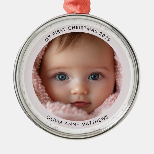 Baby Girl’s First Christmas Snowflake Photo Metal Ornament