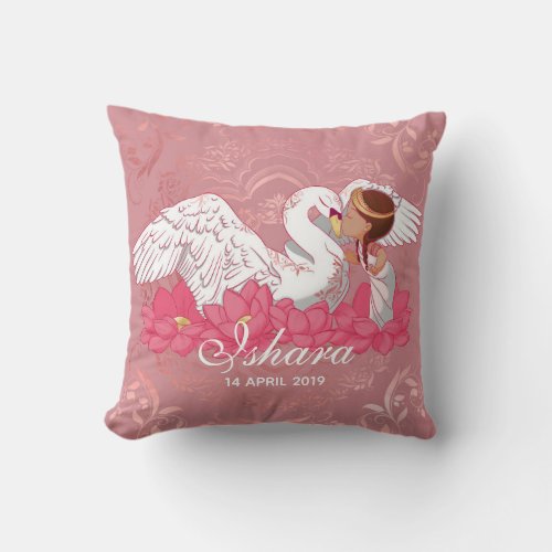 Baby Girl Saraswati with White Swan and lotus Throw Pillow