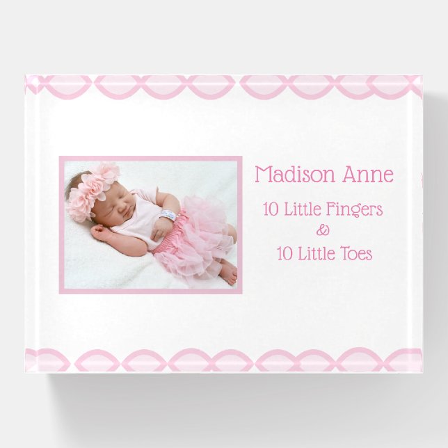 Baby Girl Script Photo Pink Birth Announcement Paperweight (Front)